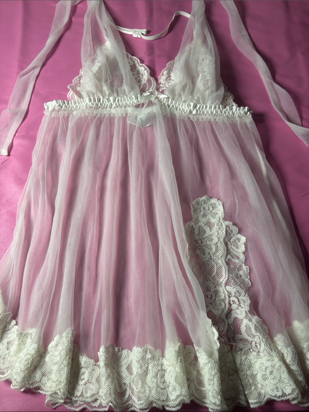 Sheer Lace Halter Babydoll Nightdress in White